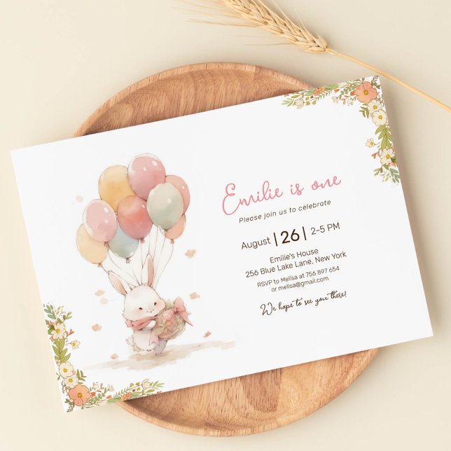 Little Rabbit Balloon First Birthday Invitation (Creator Uploaded)