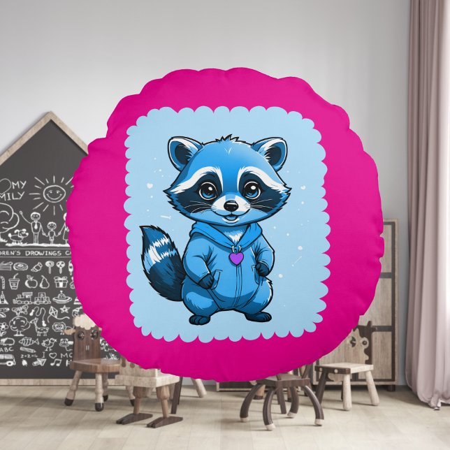 Little Raccoon In Blue Round Pillow (Creator Uploaded)