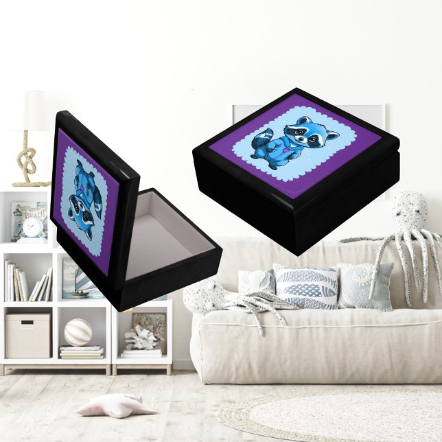 Little Raccoon In Blue Wooden Jewelry Keepsake Box (Creator Uploaded)