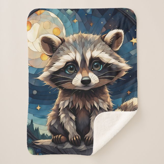 Little Raccoon Night Sky Stained Glass Sherpa Blanket (Front)