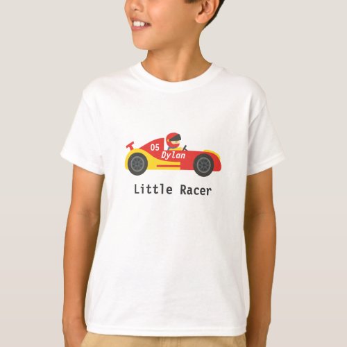 Little Racer in red and yellow sports car T_Shirt