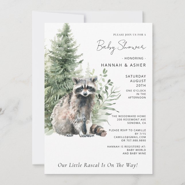 Little Rascal Raccoon Forest Baby Shower Invitation (Front)