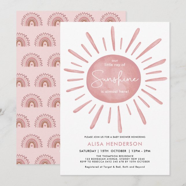 Little Ray of Sunshine Boho Pink Sun Baby Shower Invitation (Front/Back)