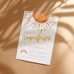 Little Ray of Sunshine Boho Rainbow Baby Shower Invitation<br><div class="desc">This adorable baby shower invitation features a hand-painted boho watercolor sun at the top of the invite, along with a matching rainbow in pink, orange and yellow. The text reads "our little ray of sunshine is almost here!" with "sunshine" in brushed gold script lettering. Your event details appear in elegant,...</div>
