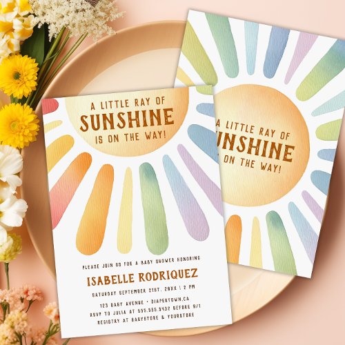 Little Ray Of Sunshine Boho Rainbow Baby Shower Invitation