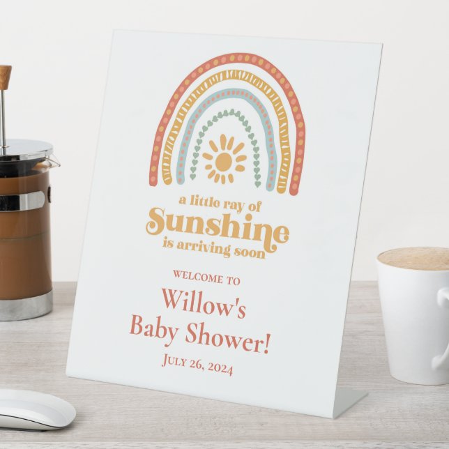 Little Ray of Sunshine Boho Rainbow Baby Shower Pedestal Sign (In SItu)
