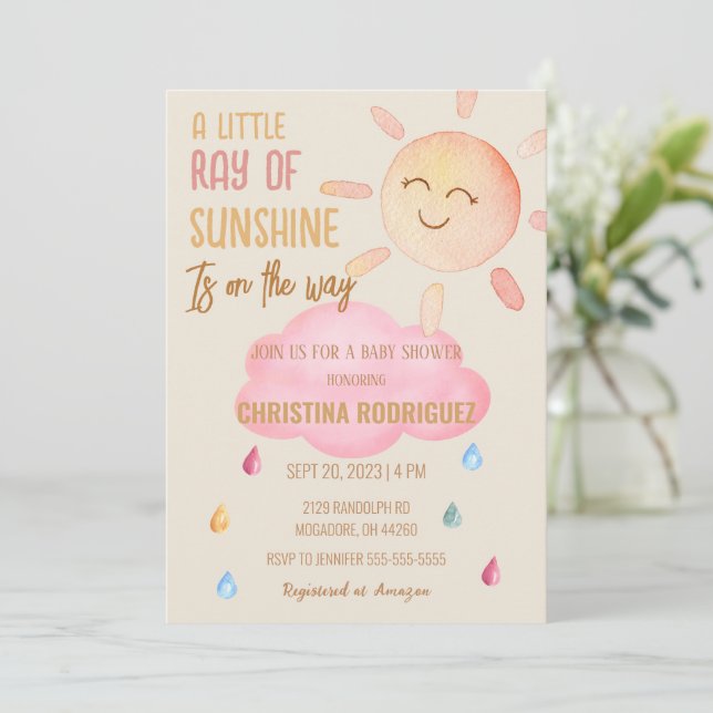 Little Ray Of Sunshine Boho Sun Baby Shower Invitation (Standing Front)