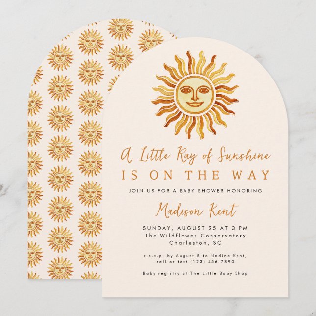 Little Ray of Sunshine Boho Sun Baby Shower Invitation (Front/Back)
