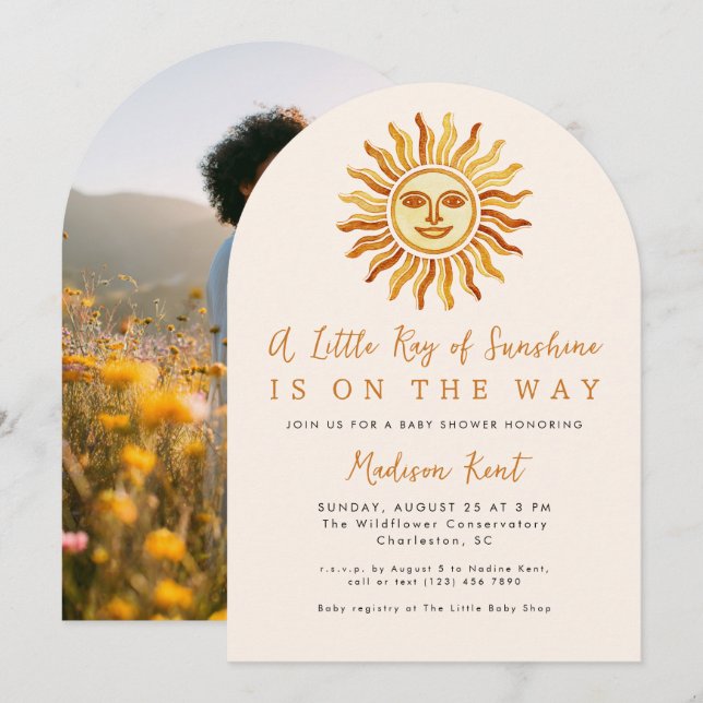 Little Ray of Sunshine Boho Sun Photo Baby Shower Invitation (Front/Back)