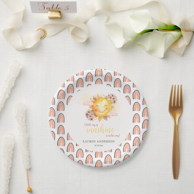 Little Ray Of Sunshine Girl Baby Boho Rainbow Paper Plates (Wedding)