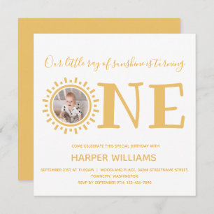 Little Ray of Sunshine Photo Baby 1st Birthday Invitation