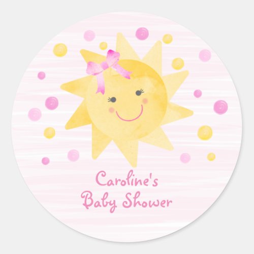 Little Ray of Sunshine Pink Yellow Baby Shower Classic Round Sticker