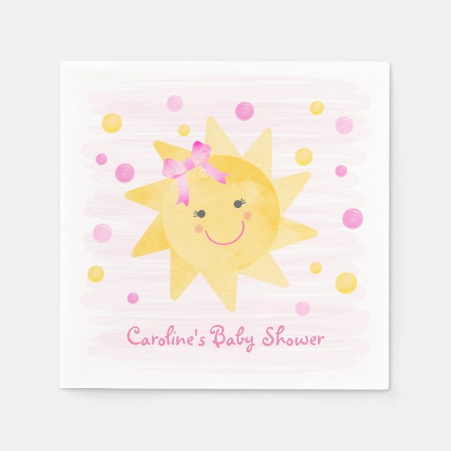 Little Ray of Sunshine Pink Yellow Baby Shower Napkins (Front)