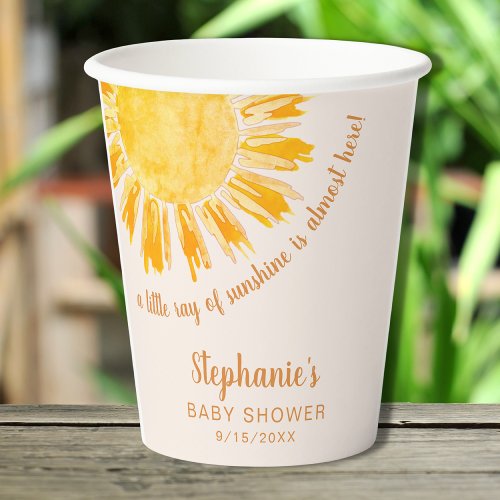 Little Ray Of Sunshine Watercolor Sun Baby Shower Paper Cups