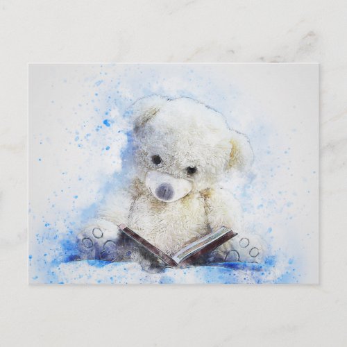 Little Reading Teddy Bear Watercolor Postcard