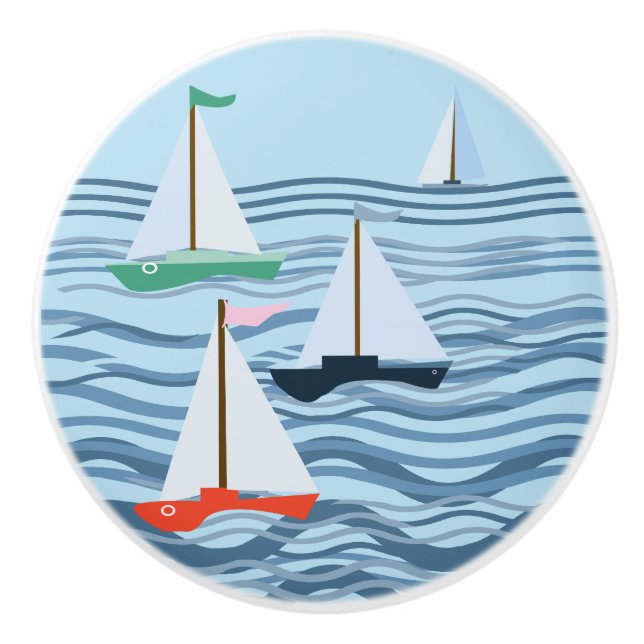 Little red blue and green sailboats ceramic knob (Front)