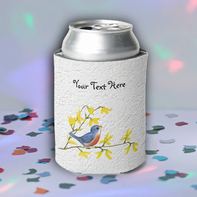 Little Red Blue Bird on Branch Flowers Textured  Can Cooler (Little singing blue red bird on branch with yellow flowers on textured look white can cooler.)