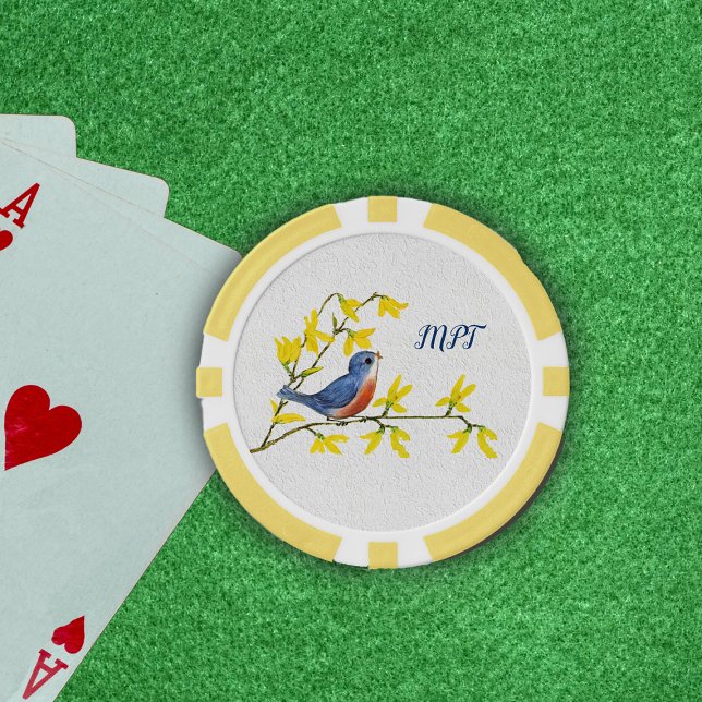 Little Red Blue Singing Bird on Branch Flowers Poker Chips (Little red blue singing bird on branch with yellow flowers on textured look white poker chips.)