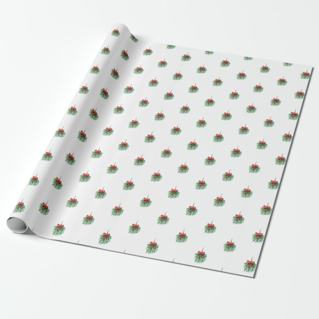 Little Red Bow and Green Mistletoe Christmas Gift Wrapping Paper (Unrolled)