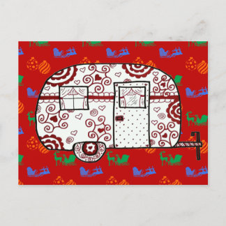 Little red camper Christmas postcard