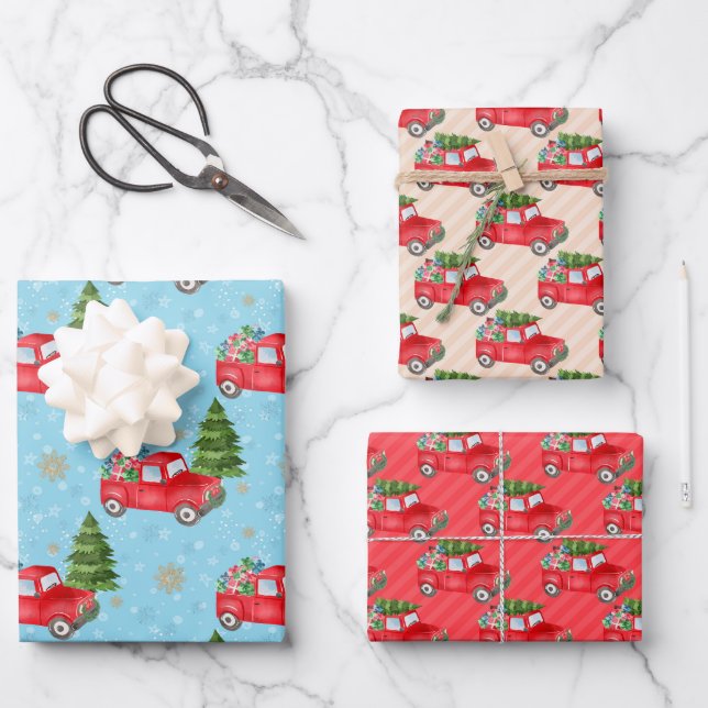 Little Red Car With Christmas Tree Wrapping Paper Sheets (Front)