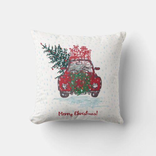 Little Red Christmas Car Throw Pillow