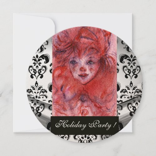 LITTLE RED CLOWN Black White Damask Holiday Party Invitation