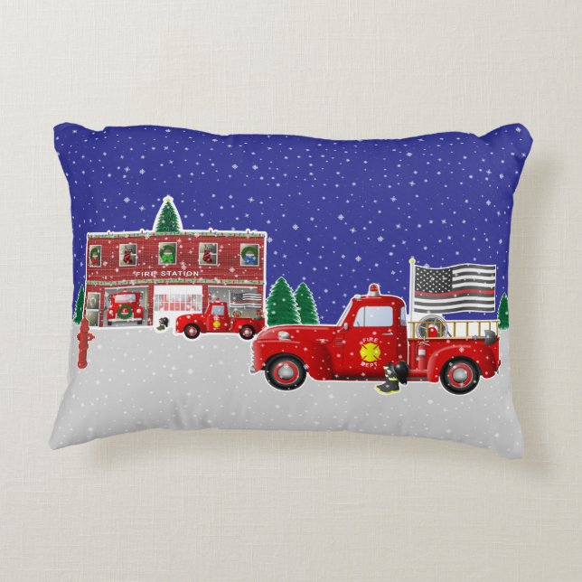 Little Red Fire Truck and Fire Station Accent Pillow (Back)