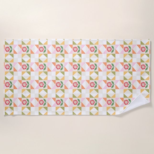 Little red flower quilt block beach towel (Front)
