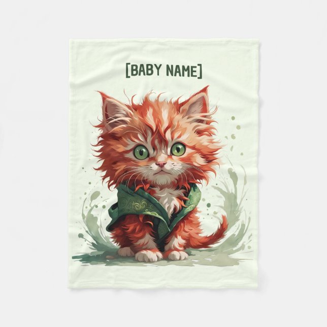 Little Red Fluffy Kitten Personalized Fleece Blanket (Front)