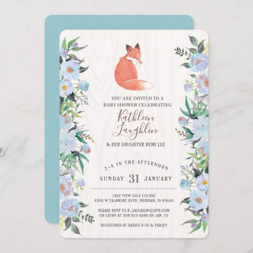 Little Red Fox Blue Floral Baby Shower invitation