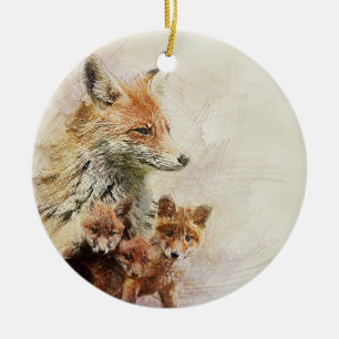 Little Red Fox Family Ceramic Ornament