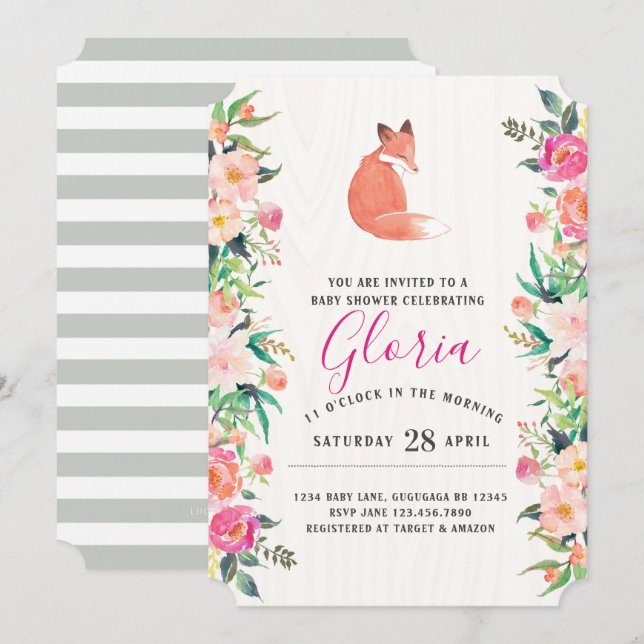 Little Red Fox Floral Baby Shower invitation (Front/Back)
