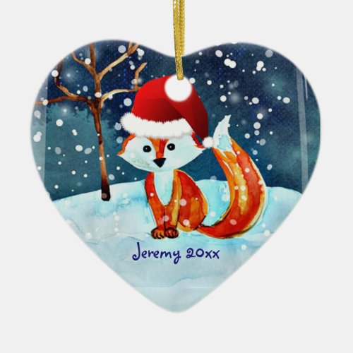 Little Red Fox in Santa Hat   Ceramic Ornament