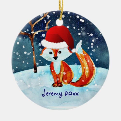 Little Red Fox in Santa Hat Ceramic Ornament