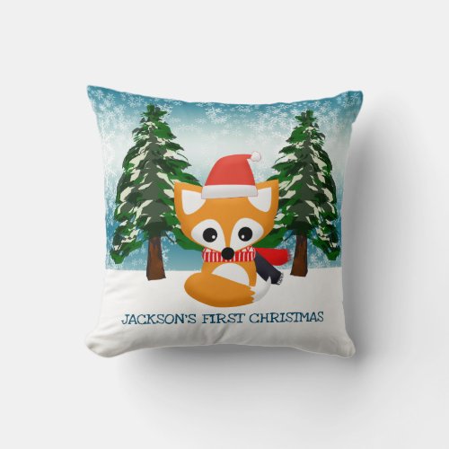 Little Red Fox in Santa Hat    Throw Pillow
