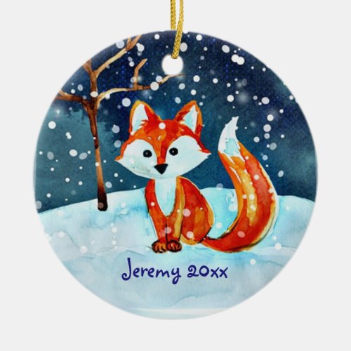 Little Red Fox in Snow Ceramic Ornament