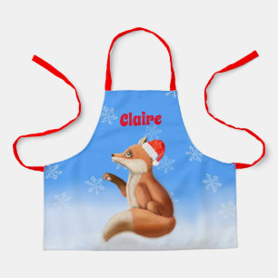 Little Red Fox with Santa hat Customized Christmas Apron