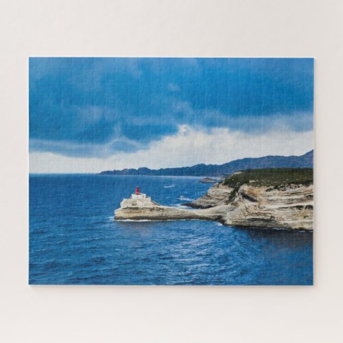 Little red french Lighthouse on white cliff Jigsaw Puzzle
