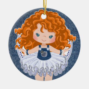Little Red Haired Girl Denim & Diamonds Christmas Ceramic Ornament