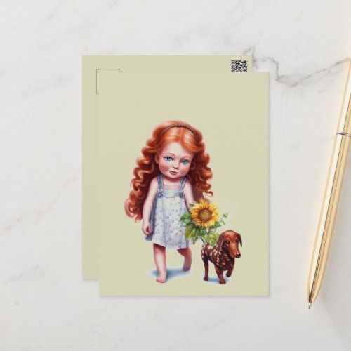 Little Red Head Girl Walking Dachshund Postcard