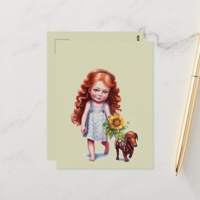 Little Red Head Girl Walking Dachshund Postcard (Front/Back In Situ)