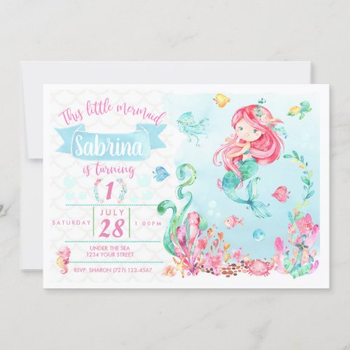 Little Red Head Mermaid Birthday Invitation