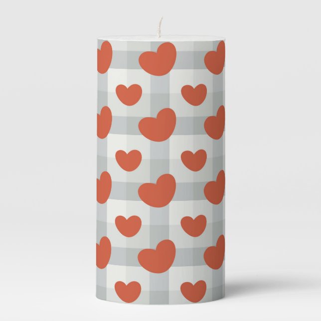 Little red hearts cozy gingham pattern pillar candle (Front)