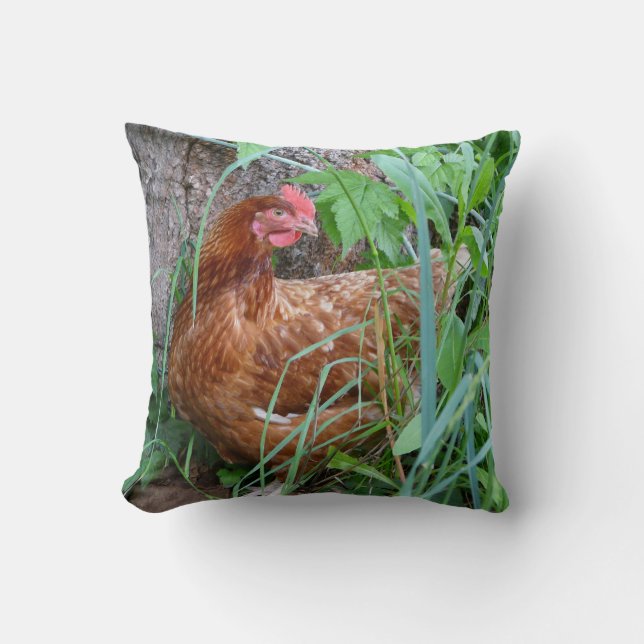 Little Red Hen in the Grass Throw Pillow (Front)