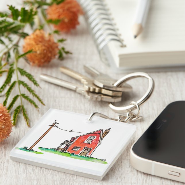 Little Red House with Power Line Keychain (Front Right)