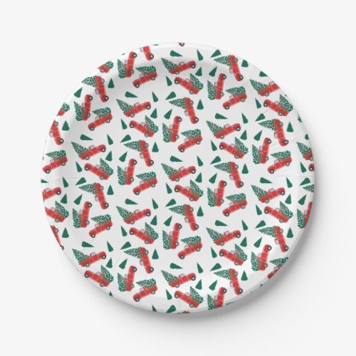 Little Red Pickup Truck Snowy Christmas Tree Paper Plates