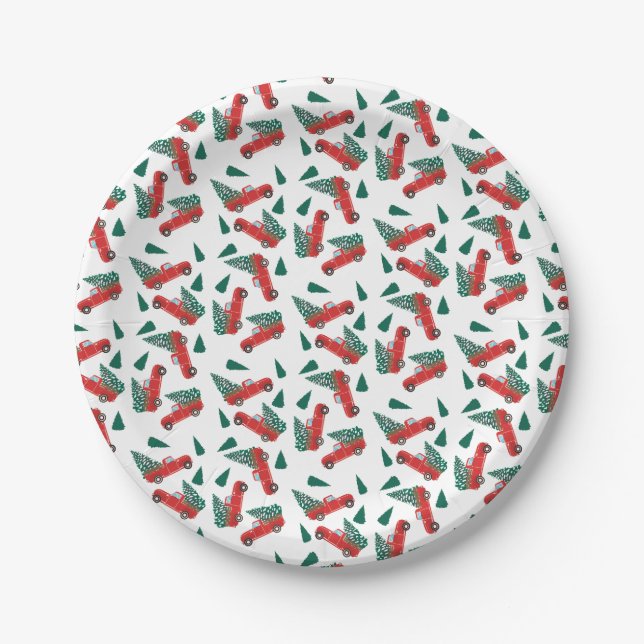 Little Red Pickup Truck Snowy Christmas Tree Paper Plates (Front)