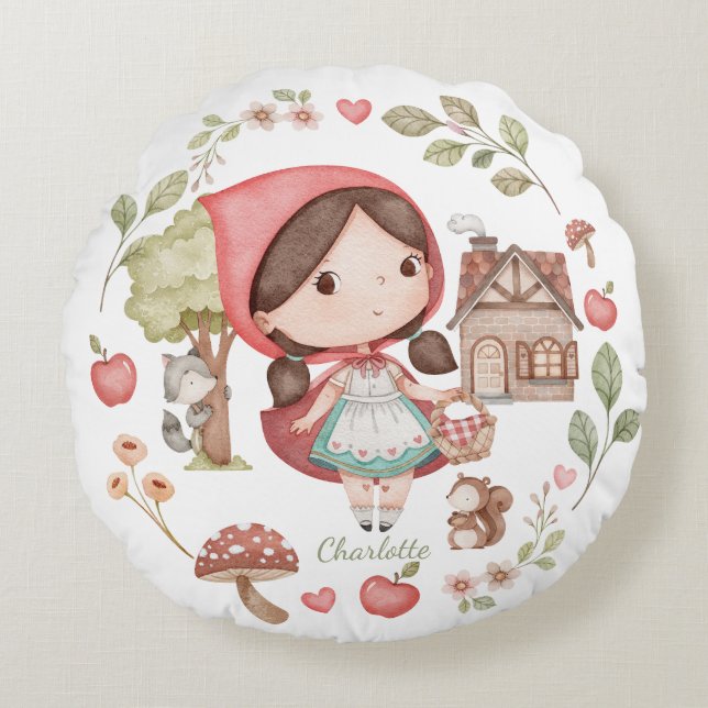 Little Red Riding Hood Cute Whimsical Round Pillow (Front)