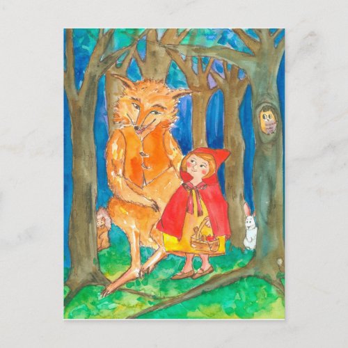 Little Red Riding Hood Wolf Owl Forest Postcard